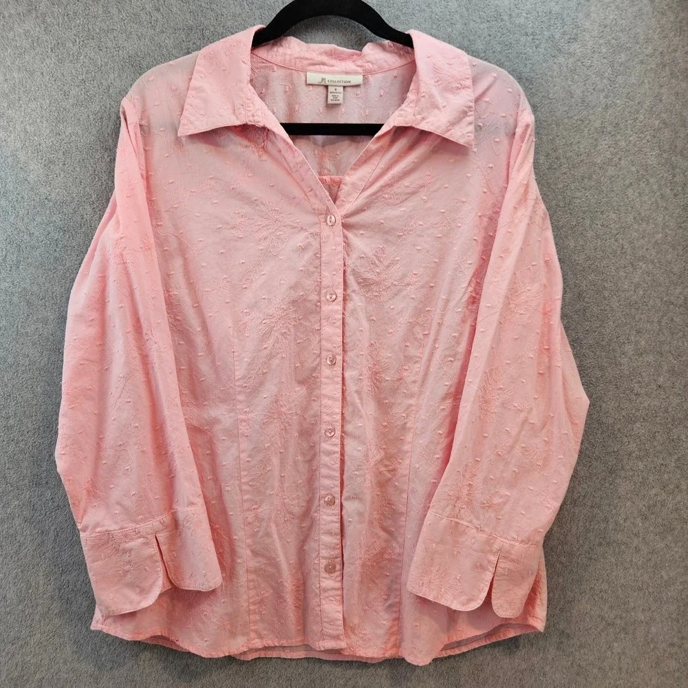 JM Collection Pink Floral Embroidered Swiss Dot Cotton Blouse Womens 16